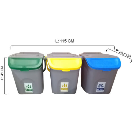 Set 3 Pattumiere 30L Per Raccolta Differenziata – Impilabili, In Plastica Riciclata (Verde, Grigio, Marrone) Con Sportellino