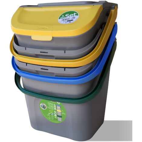 Tris Pattumiera secchio Stefanplast per la raccolta rifiuti differenziata 28 LT con manico e coperchio blu verde giallo chiusura anti rantagismo casa esterno (1/5)