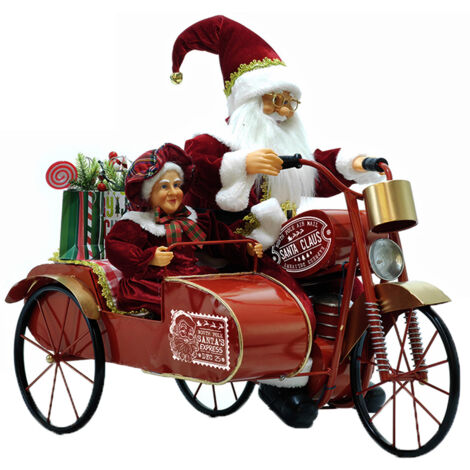 Decorazione di Natale Coppia Babbo e Babba Natale su Moto 3 ruote in Latta h70 santa claus exspress con luci suoni e movimento