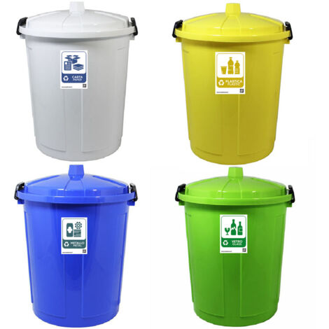 Set 4 bidoni grandi 50lt per la raccolta differenziata etichetta carta plastica vetro metallo contenitori con coperchio e chiusura antiodori randagismo per casa cucina giardino locali commerciali (1/5)