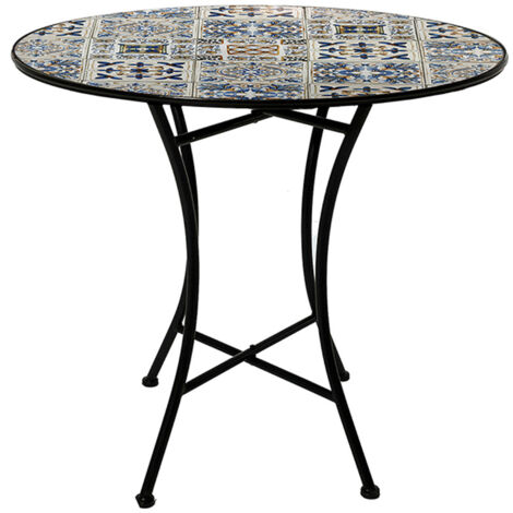 Tavolo rotondo in ferro battuto con piano in ceramica decorazione mosaico diametro 90 cm per giardino o interno stabile per esterni terrazza balcone