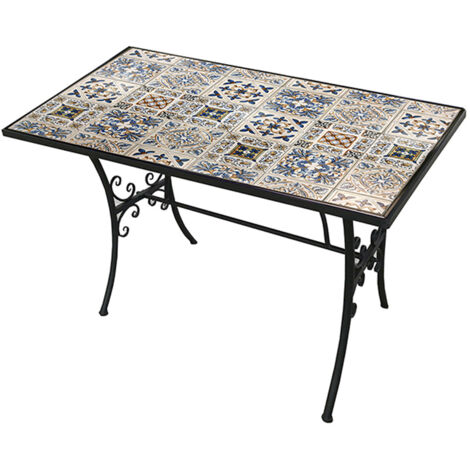 Tavolo in Ferro Battuto rettangolare Piano in Ceramica Decorata Mosaico 120x80cm per Giardino Balcone Terrazza o Cucina (1/4)