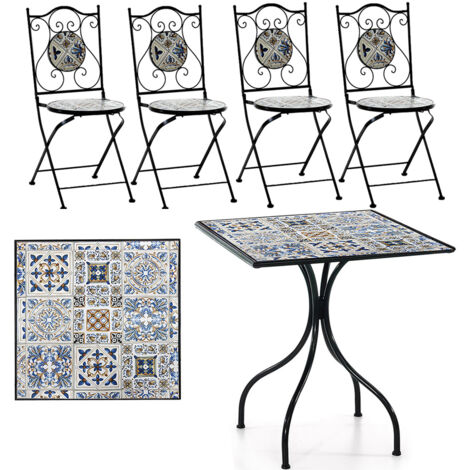 Set tavolo quadrato 70x70 e 4 sedie in ferro battuto con ceramica mosaico per giardino balcone terrazzo interno esterno