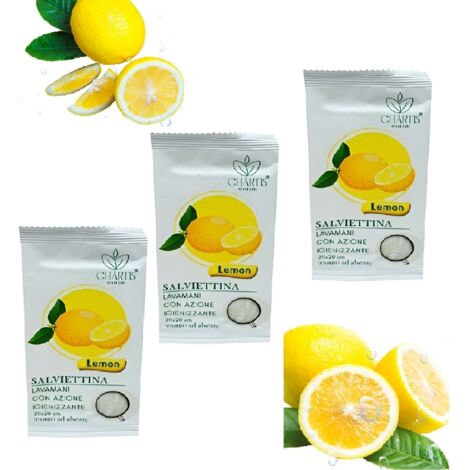 100 Salviette Monodose 20×20cm Salviettine Singolarmente Minibustate Igienizzanti rinfrescanti Mani al Limone singole ideali per ristoranti, laboratori e uso professionale