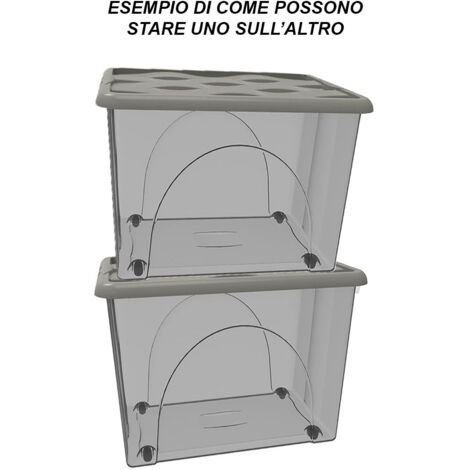 Wintem Contenitore Plastica 50L con Coperchio e Ruote, Grande e Trasparente per Armadio - Box Organizzatore con Maniglie Nere e Ganci Laterali per Chiusura Sicura