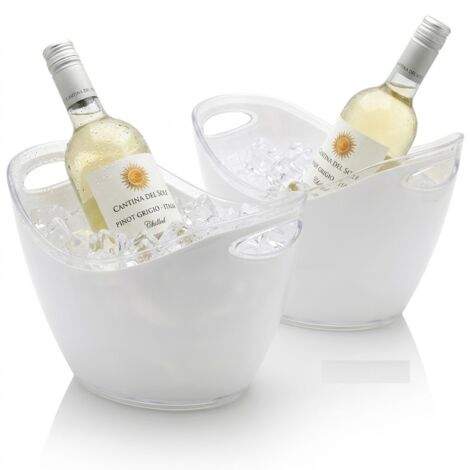 Set di 2 Secchiello Porta bottiglie con Ghiaccio  di vino spumante champagne prosecco Bianco Ovale  Spumantiera Moderna in Plastica Resistente con Manici Integrati 27x20x19 cm Uso Casa o professionale