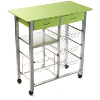 Carrello da Cucina in Legno e Acciaio Piano di Lavoro verde 76x40 2 Cassetti 3 Cestini Porta Frutta Verdure Cantinetta 6 porta bottiglie e 4 Ruote