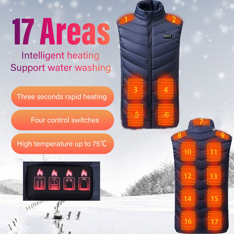 Gilet Chauffant électrique 4 Commutateurs 17 Zones Interface USB Gilet  Chauffant Lavable Intelligent (5XL)