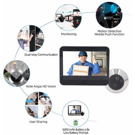 Eosnow Sonnette avec caméra judas pour Tuya Smart, visionneuse de porte numérique sans fil 1080P, 120 degrés, 4,3 pouces, conversation bidirectionnelle, détection de mouvement PIR