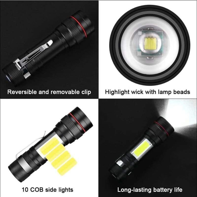 Lampe De Poche Zoomable À LED Super Brillante, Mini Torche Portable  Rechargeable Par USB Pour Le Camping, Les Urgences, L'extérieur, La Course  À Pied, La Pêche (batterie Intégrée Longue Durée De 1800