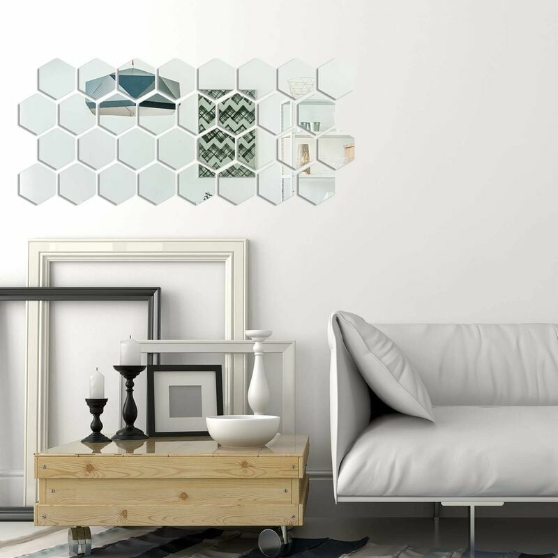 Sticker mural miroir, 12PCS autocollant miroir amovible DIY acrylique  décoration murale miroir carrelage hexagone miroir sticker