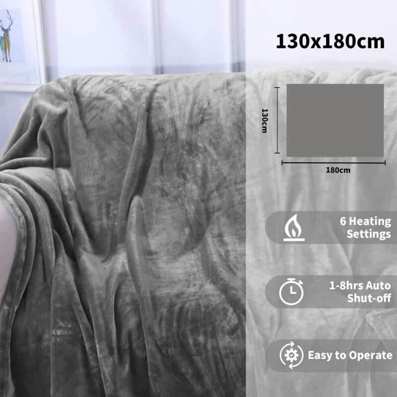 Couverture Chauffante Électrique 180x130cm - 6 Niveaux Chaleur - Arrêt Auto - Lavable