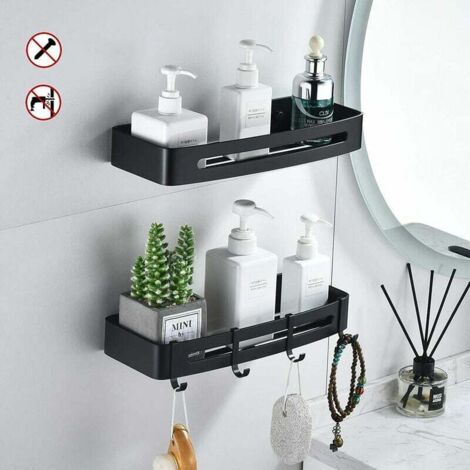 2 étagères Murales Noires Sans Perçage (30 X 12 Cm) – En Alliage Aluminium, Pour Salle De Bain, Cuisine, Salon - 7