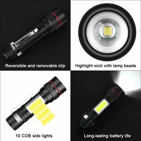 Lampe torche LED rechargeable avec lumière latérale COB, lampe de