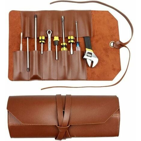Tool Rouleau de sac en cuir Pochette 10 poches Multi-user Organizer Wrap pour Woodworking Clé Clé brun clair, poche à outils，