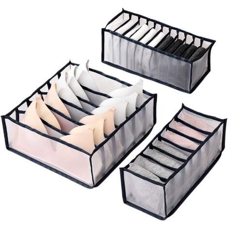 Lot De 3 Boîtes Rangement Chaussettes WOOWAIR - 24 Compartiments - Gris Et Blanc - Organisateur Tiroir