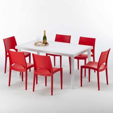 Weiß Rechteckig Tisch und 6 Stühle Farbiges Polypropylen-Außenmastenset Grand Soleil Paris Summerlife - Rot