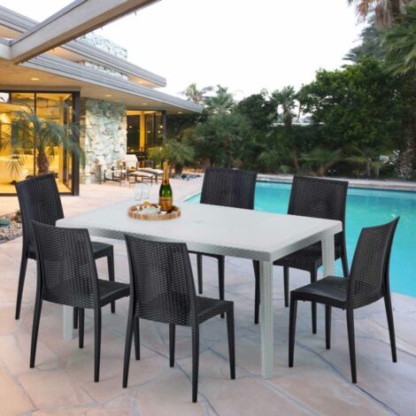Weiß Rechteckig Tisch und 6 Stühle Farbiges Polypropylen-Außenmastenset Grand Soleil Bistrot Summerlife - Beige