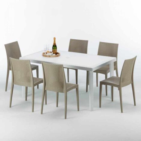 Weiß Rechteckig Tisch und 6 Stühle Farbiges Polypropylen-Außenmastenset Grand Soleil Bistrot Summerlife - Beige