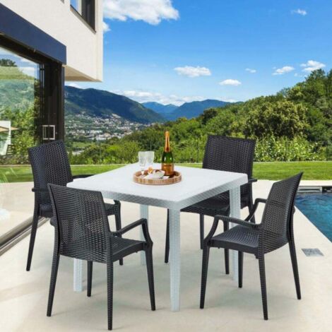 Weiß Quadratisch Tisch und 4 Stühle Farbiges Polypropylen-Außenmastenset Grand Soleil Arm Bistrot Love - Beige