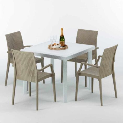 Weiß Quadratisch Tisch und 4 Stühle Farbiges Polypropylen-Außenmastenset Grand Soleil Arm Bistrot Love - Beige