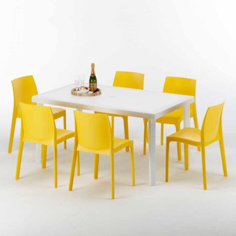 Weiß Rechteckig Tisch und 6 Stühle Farbiges Polypropylen-Außenmastenset Grand Soleil Rome Summerlife - Gelb