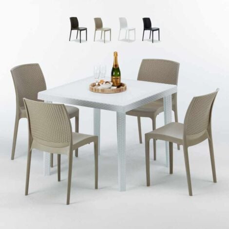 Weiß Quadratisch Tisch und 4 Stühle Farbiges Polypropylen-Außenmastenset Grand Soleil Boheme Love - Beige
