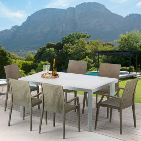 Weiß Rechteckig Tisch und 6 Stühle Farbiges Polypropylen-Außenmastenset Grand Soleil Arm Bistrot Summerlife - Beige