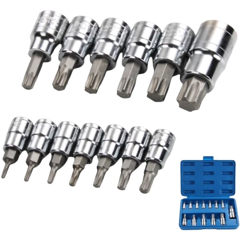 Jeu De 13 Douilles Torx Mâles - T8 à T60, Acier S2 - Coffret 1/4, 3/8, 1/2 Pouce