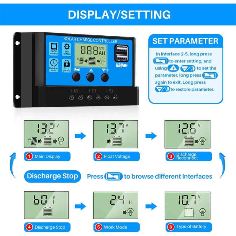 Controleur Panneau Solaire 30a Y&H Régulateur Solaire 30A 12V/24V - Écran LCD, Double USB - Pour Panneaux Solaires Et Batteries Double Port Usb