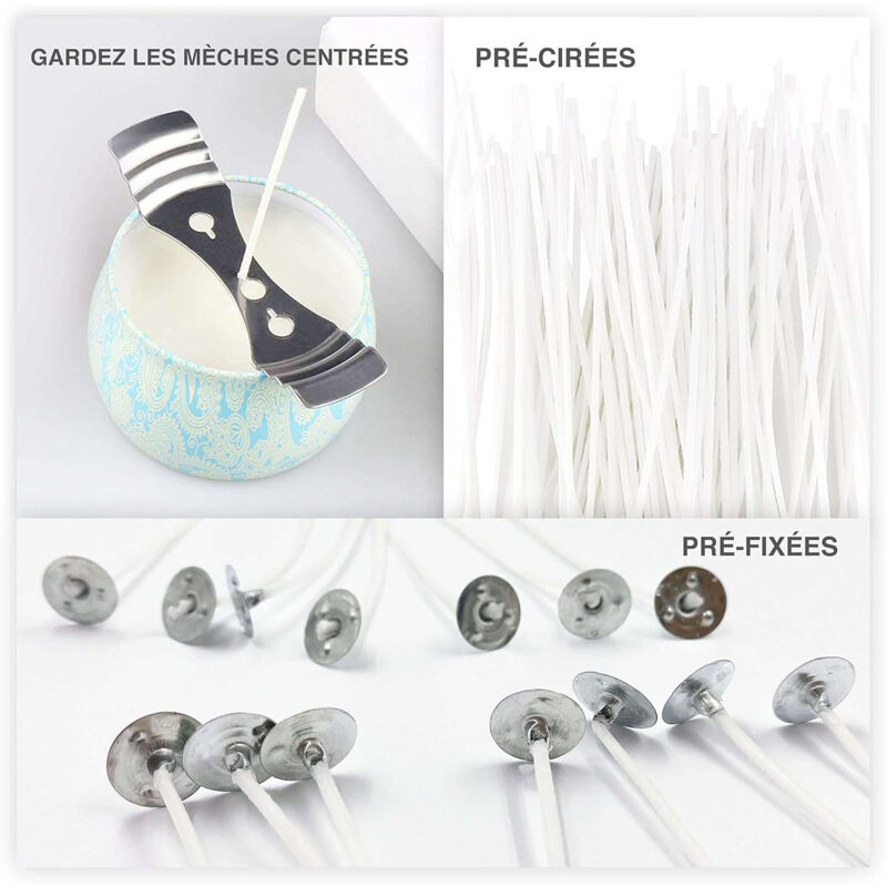 100 Mèches De Bougie Pré-cirées En Coton - Longueur 15 Cm - Avec 5 Supports En Bois Et Autocollants - Pour Fabrication Bougies Maison - 7