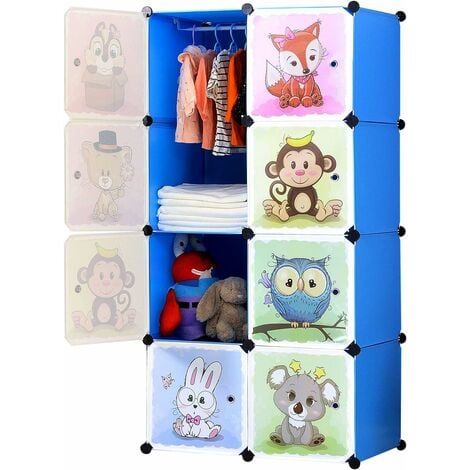 Meuble Rangement Enfant avec Motifs d'animaux, Support de Rangement,  Armoires Etagères Plastiques, Armoire de Rangement Bricolage (Bleu, 8 Cubes)