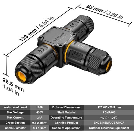 4 PCS Connecteurs de Câbles Étanches IP68 - Boîte de jonction 3 voies connecteur etanche 3 fils - Raccordement extérieur du jardin - Dérivation de câble 6-11mm - Coffret électrique externe étanche