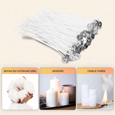 50 Mèches à Bougie Coton Naturel - Kit DIY Avec Autocollants Et Supports - Pour Cire Soja, Abeille...