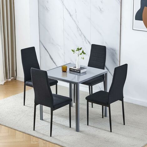 Dining Room Set, Grey Glass Dining Table with Chairs, 75x75 cm Square Glass Table and Chairs for Small Room (Table with 4 Chairs, Black Linen)