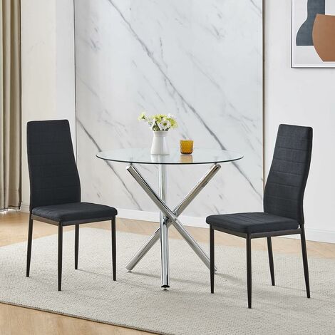 90x90 Round Table and Chairs, Round Glass Table with Chairs, Dining Table Set of 2/4 (Flannel, Black, With 2 Chairs)