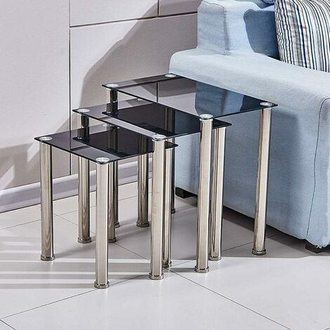 Glass Side Table, Glass Nest of Tables Set of 3, Rectangular End Table, Glass Coffee Table for Living Room (Rectangular, Black)