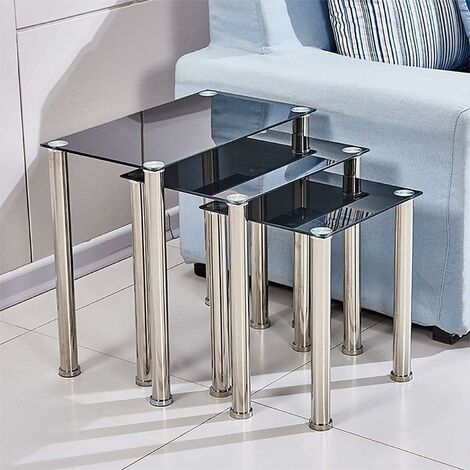 Glass Side Table, Glass Nest of Tables Set of 3, Rectangular End Table, Glass Coffee Table for Living Room (Rectangular, Black)