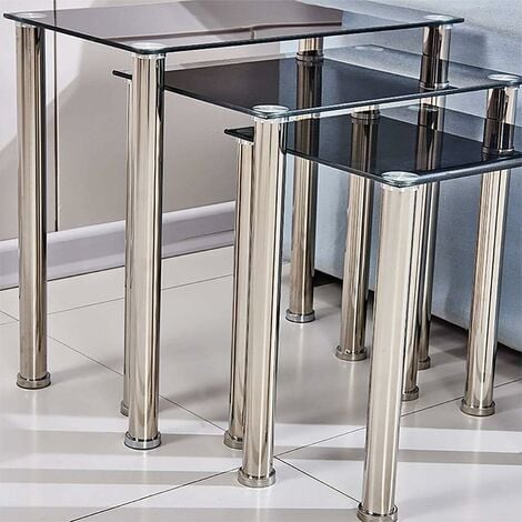 Glass Side Table, Glass Nest of Tables Set of 3, Rectangular End Table, Glass Coffee Table for Living Room (Rectangular, Black)