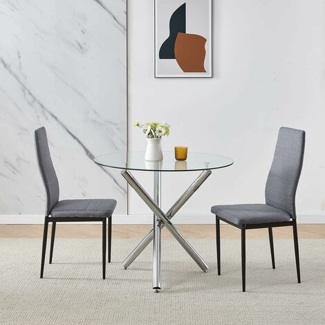 90x90 cm Round Table and Chairs, Round Glass Table with Chairs, Dining Table Set of 2/4 (Flannel, Grey, With 2 Chairs)