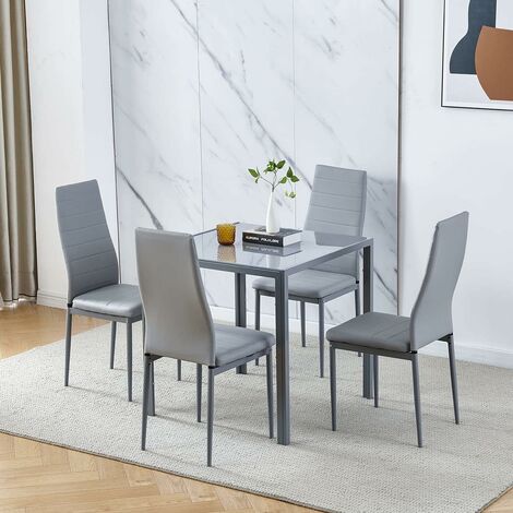 Dining Room Set, Grey Glass Dining Table with Chairs, 75x75 cm Square Glass Table and Chairs for Small Room (Table with 4 Chairs, Grey Faux Leather)
