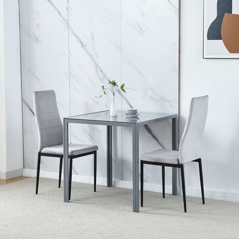 Dining Room Set, Grey Glass Dining Table with Chairs, 75x75 cm Square Glass Table and Chairs for Small Room (Table with 2 Chairs, Grey Flannel)