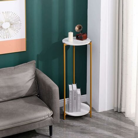 Tall Table with 2 Tiers, Round End Table Sofa Side Table, 90cm Plant Stand Indoor Plant Holder, with White Marble Texture (White, 30x30x90 cm)