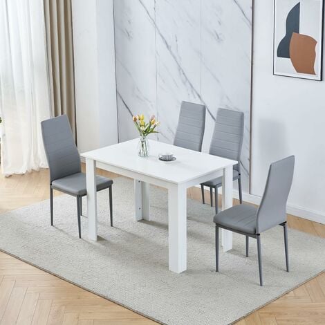 Dining Room Set, White Dining Table with Chairs, Table and Chairs for Living Room Home Kitchen (Table with 4 Chairs, Grey Faux Leather)