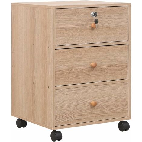 Bedside Drawers with Wheels, 40 cm File Cabinet with 3 Drawers under Desk Storage Unit, Filing Cabinet Pedestal on Casters, also as Printer Table and Nightstand (W40 cm, Natural)