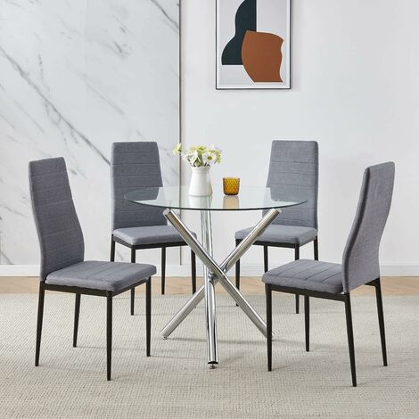 90x90 Round Table and Chairs, Round Glass Table with Chairs, Dining Table Set of 2/4(Flannel, Grey, With 4 Chairs)