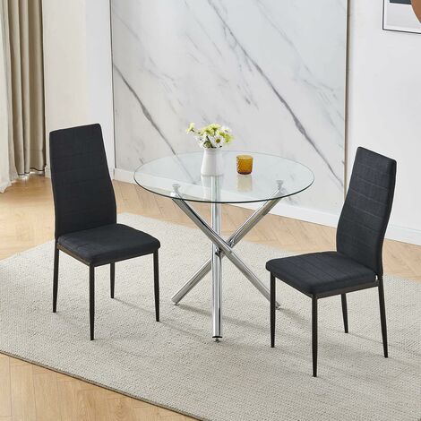 90x90 Round Table and Chairs, Round Glass Table with Chairs, Dining Table Set of 2/4 (Linen, Black, With 2 Chairs)