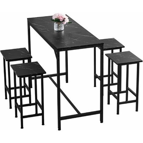Bar Table Set of 4, Bar Table and 4 Bar Stools, 90cm tall Dining Table with Barstools, 5pcs Home Kitchen Breakfast Bar Set, Pub Furniture, Black Marble Texture, made of MDF