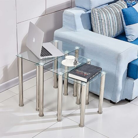 Glass Side Table, Glass Nest of Tables Set of 3, Rectangular End Table, Glass Coffee Table for Living Room (Rectangular, Clear)
