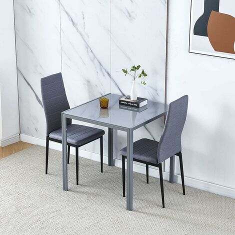 Dining Room Set, Grey Glass Dining Table with Chairs, 75x75 cm Square Glass Table and Chairs for Small Room (Table with 2 Chairs, Grey Linen)